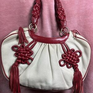 RARE Shanghai Tang Red Leather Canvas Hobo Bag